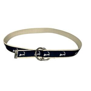 Chatham T Canvas Belt Mens Size S Double D-Ring Buckle Navy Blue Waves Marine